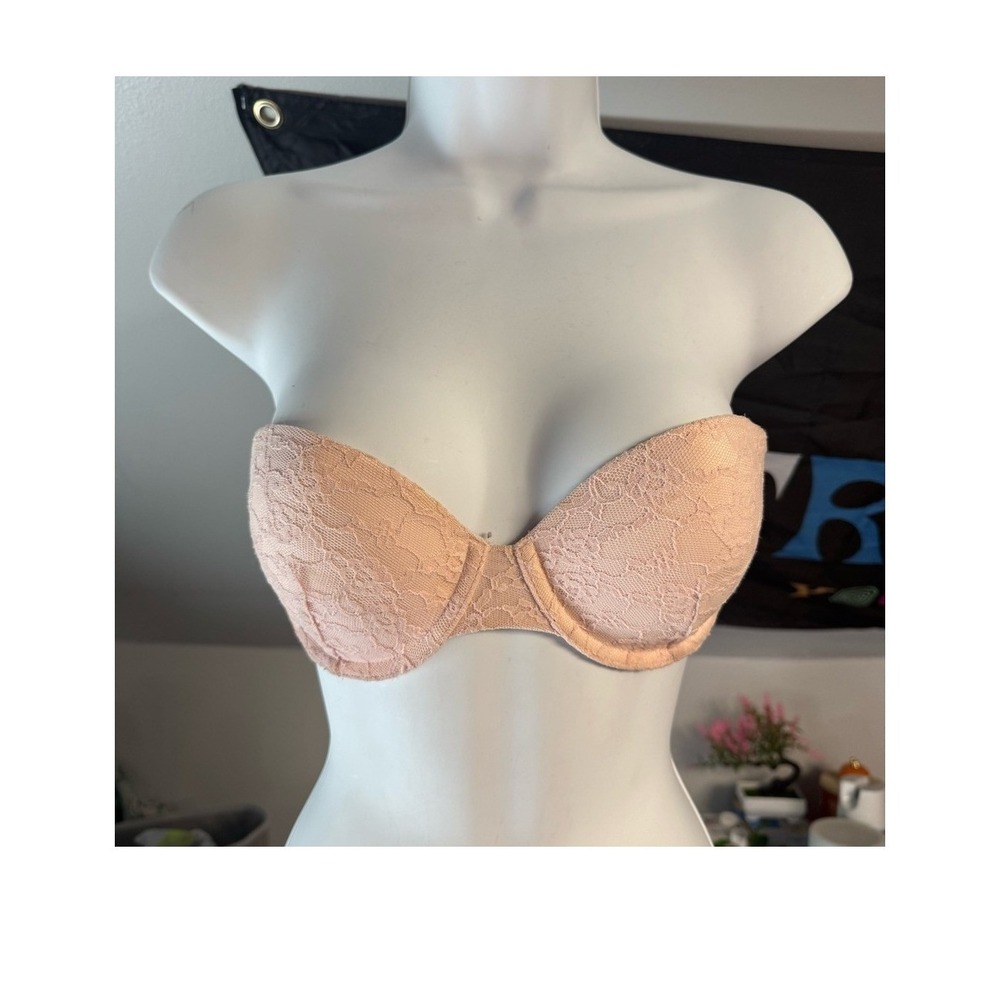 Victoria Secret 32C Pink Floral Lace Strapless Multi-Way Underwire Padded Bra